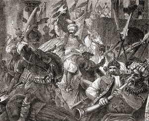 La Batalla de Alcacer Quibir también conocida como Batalla de los Tres Reyes o Batalla de Oued al-Makhazin, norte de Marruecos, 4 de agosto de 1578, de Ward and Locks Illustrated History of the World, pub. c.1882 de English School
